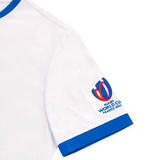 A white and blue shirt with the RWC23 20 Nations Poly/Cotton Tee by Macron logo on it.