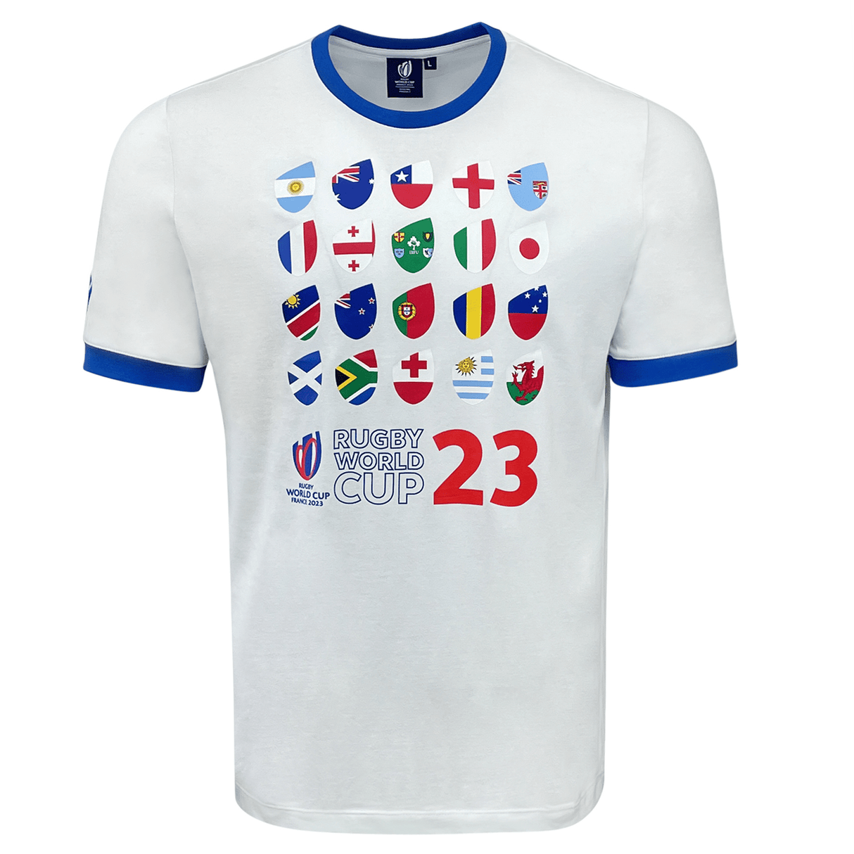 A white RWC23 20 Nations Poly/Cotton Tee by Macron featuring flags of 20 unions participating in the Rugby World Cup 23 (RWC23).