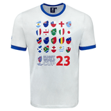 A white RWC23 20 Nations Poly/Cotton Tee by Macron featuring flags of 20 unions participating in the Rugby World Cup 23 (RWC23).