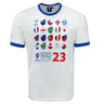 A white RWC23 20 Nations Poly/Cotton Tee by Macron featuring flags of 20 unions participating in the Rugby World Cup 23 (RWC23).