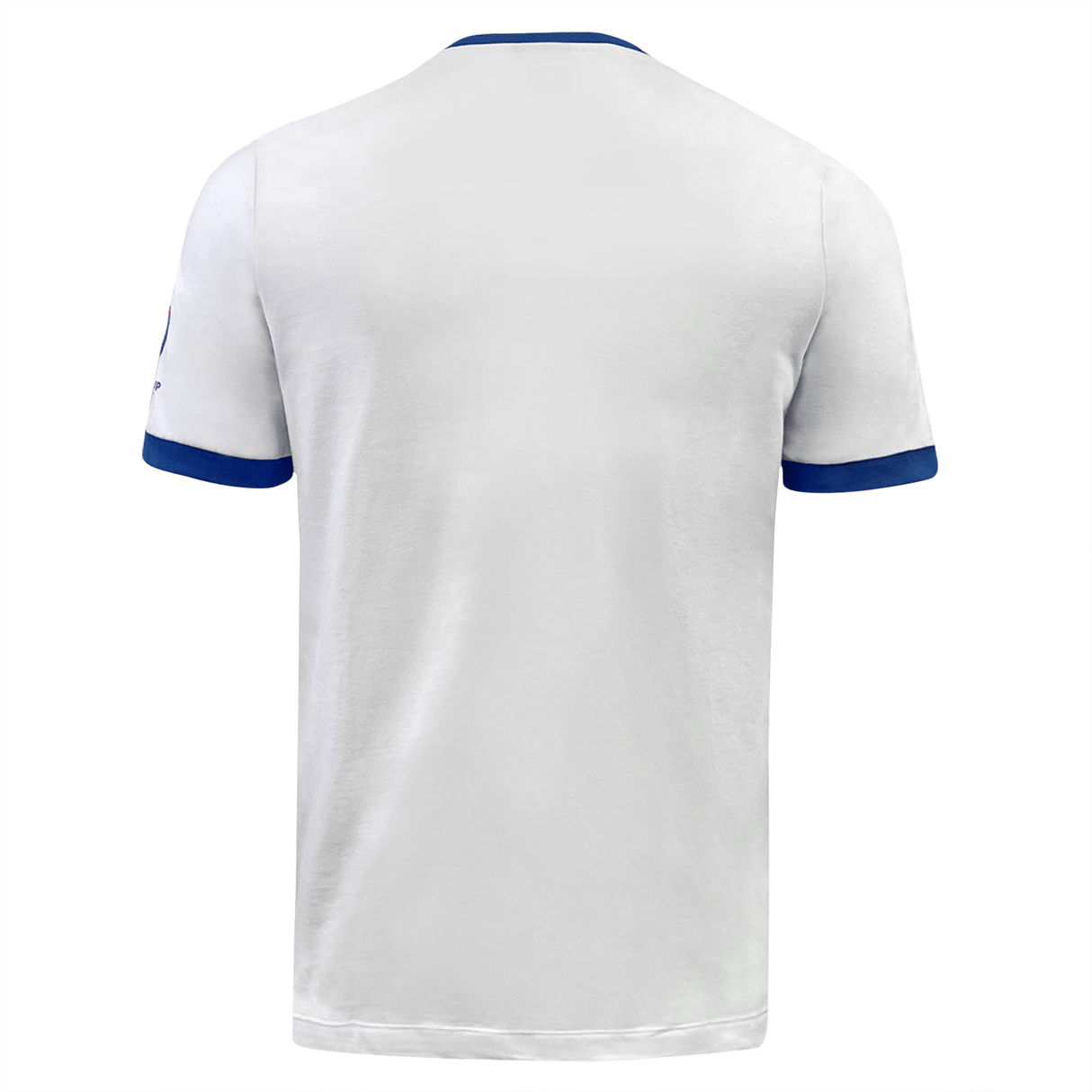 The back of a RWC23 France Trophy Poly/Cotton Tee by Macron with blue trim featuring the RWC23 and Macron logos.