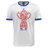 A RWC23 France Trophy Poly/Cotton Tee by Macron with a red and blue design showcasing the Macron brand.