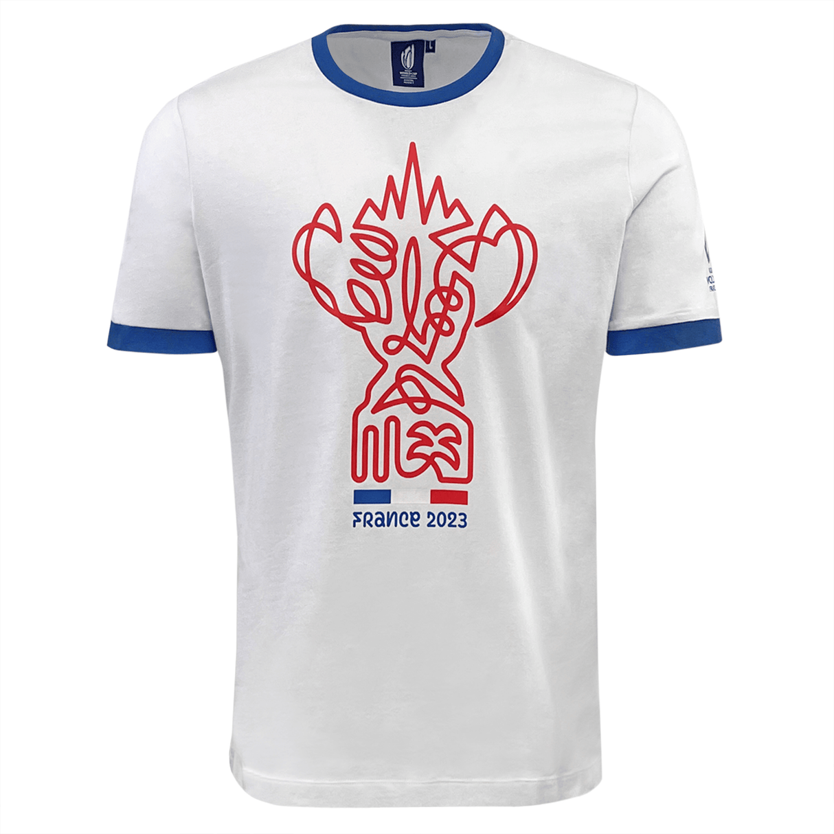 A RWC23 France Trophy Poly/Cotton Tee by Macron with a red and blue design showcasing the Macron brand.