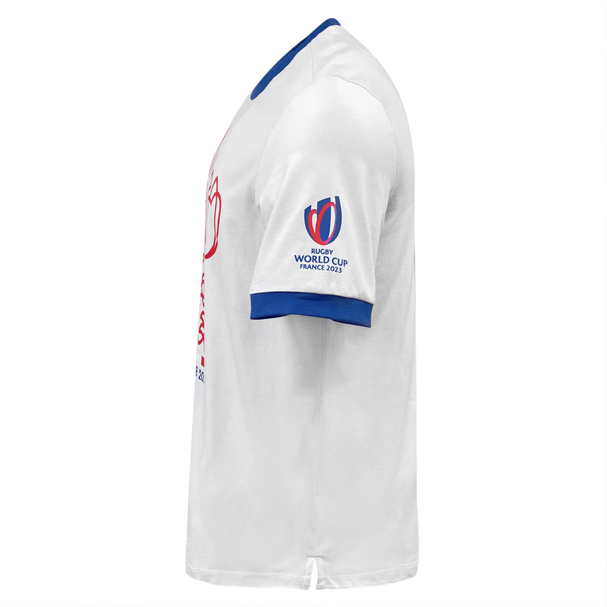 A white and blue RWC23 France Trophy Poly/Cotton Tee by Macron with a Macron logo.
