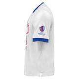A white and blue RWC23 France Trophy Poly/Cotton Tee by Macron with a Macron logo.