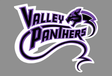A stylized purple and black "Valley Panthers" logo, featuring a panther head and tail within the text, is set against a gray background. Product: Valley Panthers Rugby Club - Full size HP by Stahl's.