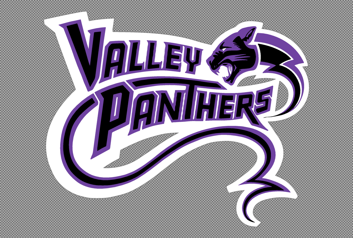 A stylized purple and black "Valley Panthers" logo, featuring a panther head and tail within the text, is set against a gray background. Product: Valley Panthers Rugby Club - Full size HP by Stahl's.