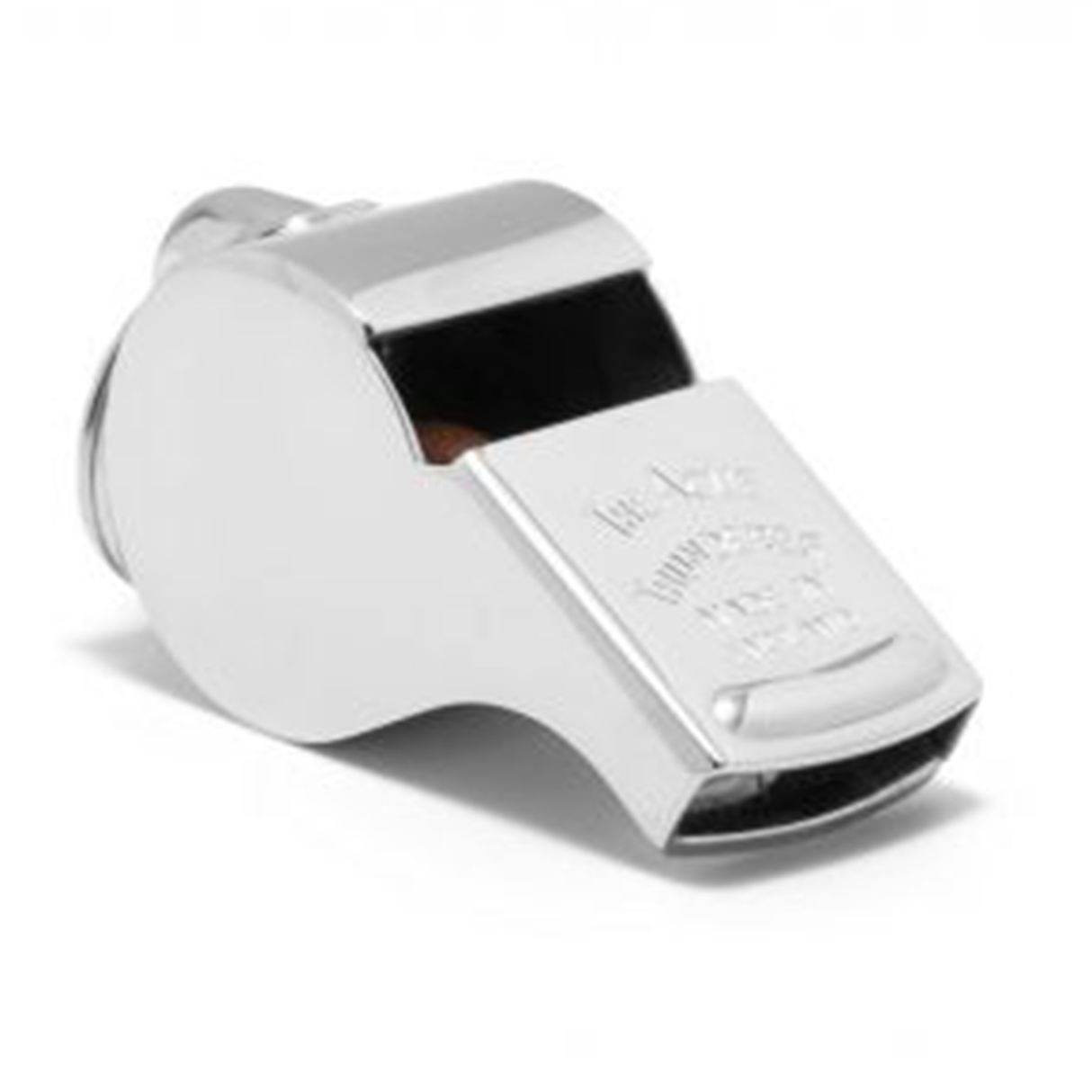 Silver metal Acme Whistles Thunderer 58 referee whistle with engraved text, positioned horizontally on a white background.