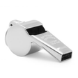 Sentence with replaced products: A silver metal Acme Whistles Thunderer 58.5 referee whistle with a reflective surface, isolated on a white background.