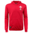 The Wales Rugby Union Pullover Fleece Hoodie by Macron is a red hoodie with an embroidered WRU logo featuring a feather design on the chest. Perfect for Welsh Rugby fans, this Macron hoodie has a front pocket and a black tag near the hem.