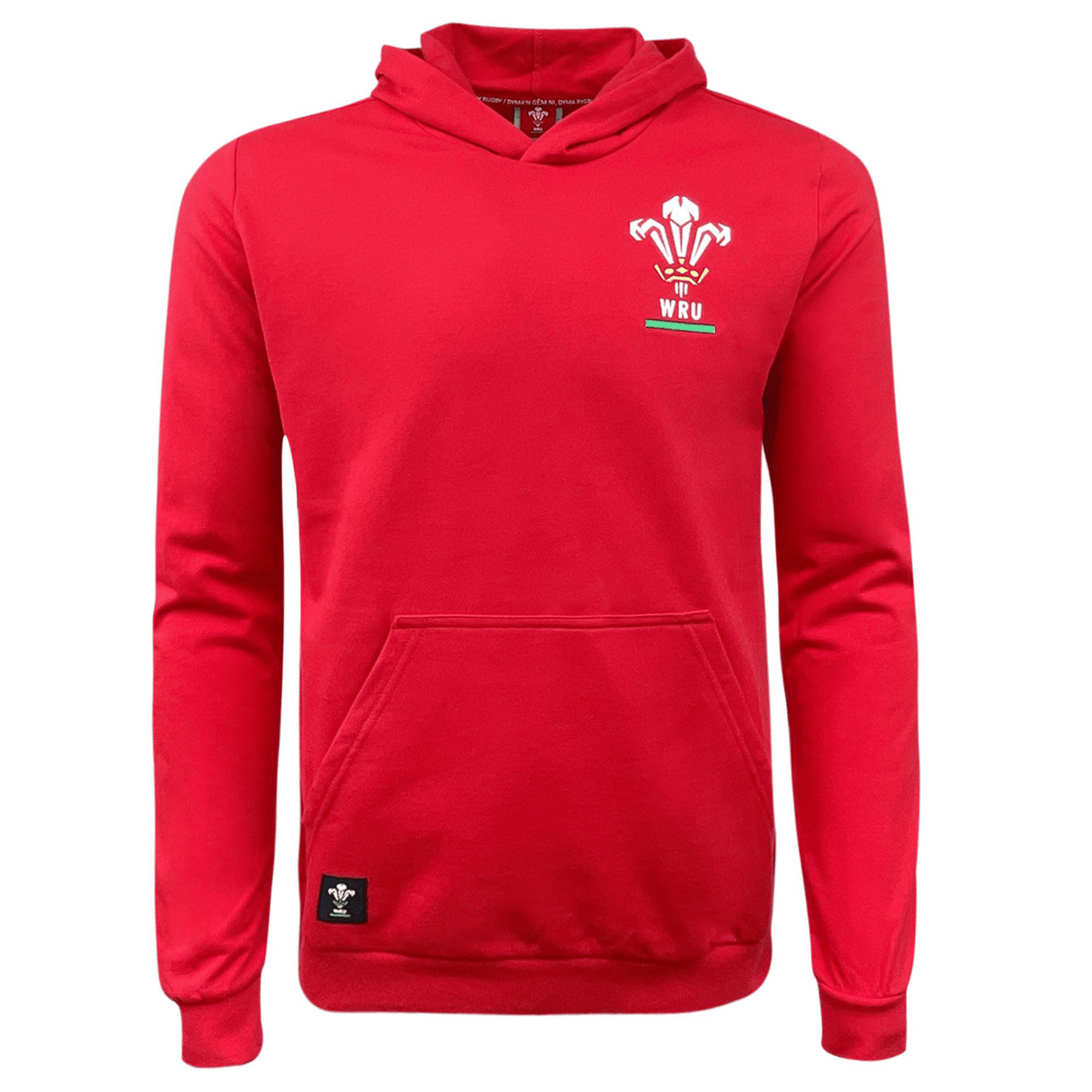 The Wales Rugby Union Pullover Fleece Hoodie by Macron is a red hoodie with an embroidered WRU logo featuring a feather design on the chest. Perfect for Welsh Rugby fans, this Macron hoodie has a front pocket and a black tag near the hem.