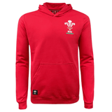 The Wales Rugby Union Pullover Fleece Hoodie by Macron is a red hoodie with an embroidered WRU logo featuring a feather design on the chest. Perfect for Welsh Rugby fans, this Macron hoodie has a front pocket and a black tag near the hem.