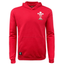 The Wales Rugby Union Pullover Fleece Hoodie by Macron is a red hoodie with an embroidered WRU logo featuring a feather design on the chest. Perfect for Welsh Rugby fans, this Macron hoodie has a front pocket and a black tag near the hem.