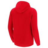 A plain red Wales Rugby Union Pullover Fleece Hoodie by Macron, shown from the back, featuring a hood and long sleeves, with an embroidered WRU logo prominently displayed.