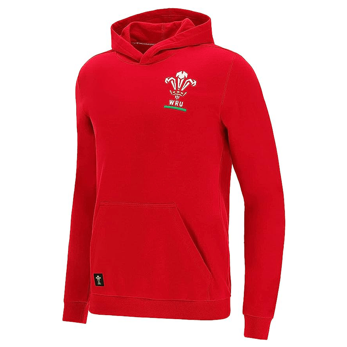 The Wales Rugby Union Pullover Fleece Hoodie by Macron is a red hooded sweatshirt adorned with an embroidered WRU logo and "WRU" on the chest, and features a front pocket.