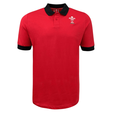 Macron's Wales Rugby Union Pique Polo shirt in red and black.