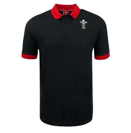 a black and red Wales Rugby Union Pique Polo with the Macron crest on it.