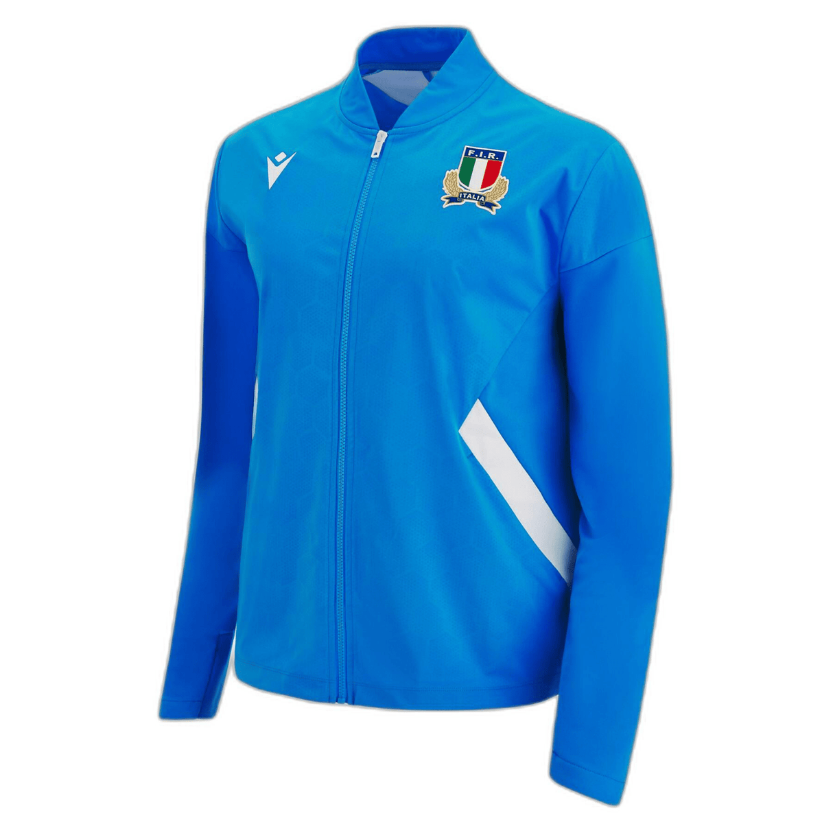 Italy Full-Zip Softshell Anthem Jacket 22/23 by Macron is a blue jacket with a collar, featuring a logo on the left chest and white accents on the sides. Perfect for showcasing your team pride.