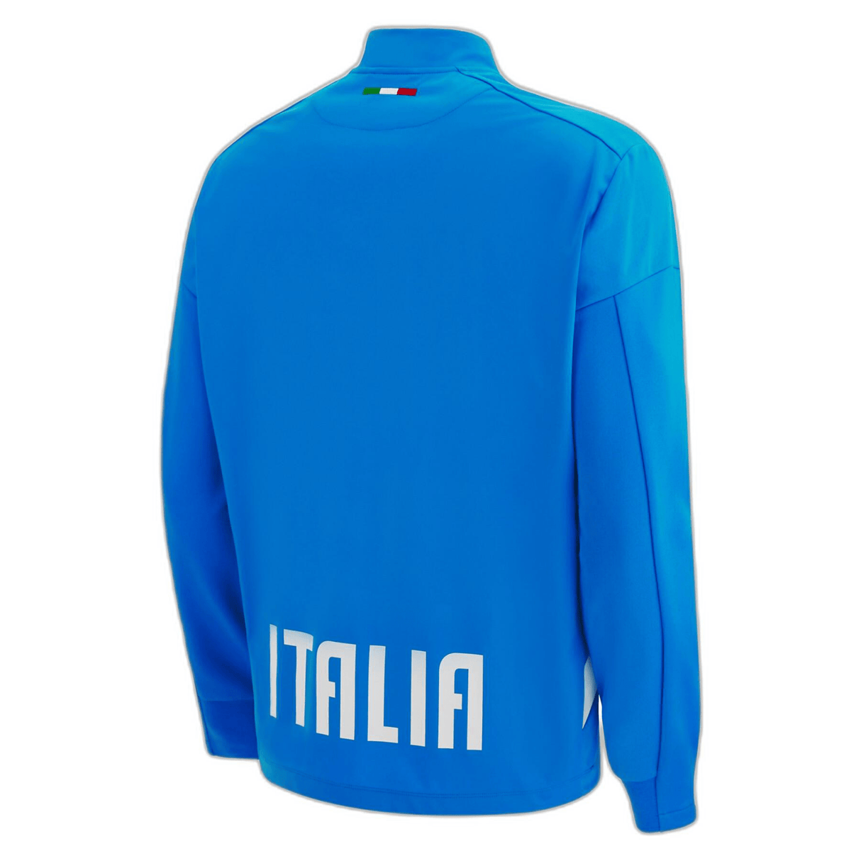 The Italy Full-Zip Softshell Anthem Jacket 22/23 by Macron features "ITALIA" in white block letters on the lower back, a small Italian flag on the collar, and is a part of the official Italy Rugby Anthem Jacket collection.