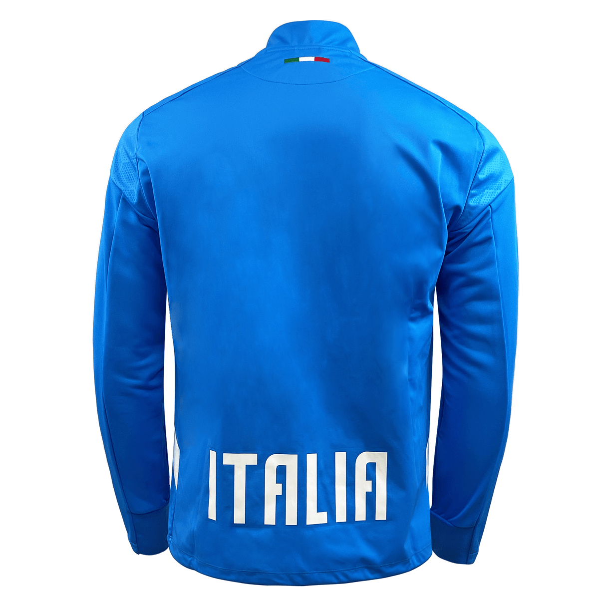 Back view of the Italy Full-Zip Softshell Anthem Jacket 22/23 by Macron, featuring "ITALIA" in white capital letters near the bottom and a small Italian flag at the top. This full-zip softshell jacket by Macron is perfect for showing your support.