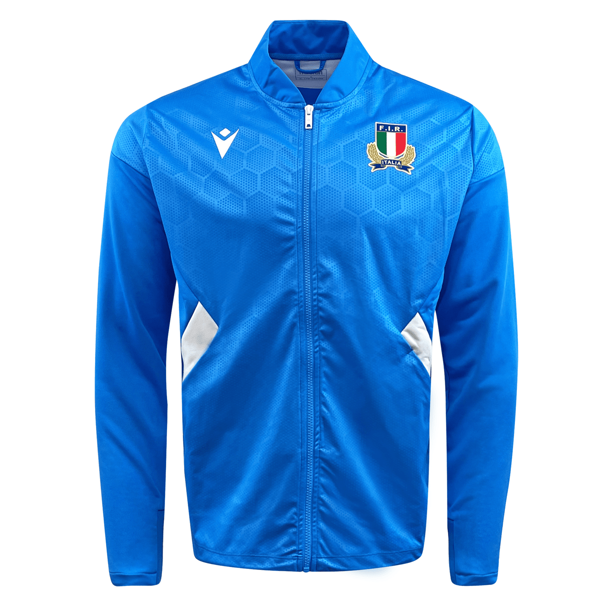 The Italy Full-Zip Softshell Anthem Jacket 22/23 by Macron is a blue zip-up sports jacket featuring a hexagonal pattern design and an embroidered crest on the left chest, which includes a shield, Italian flag colors, and the acronym "FIR." This Italy Rugby Anthem Jacket is perfect for fans.