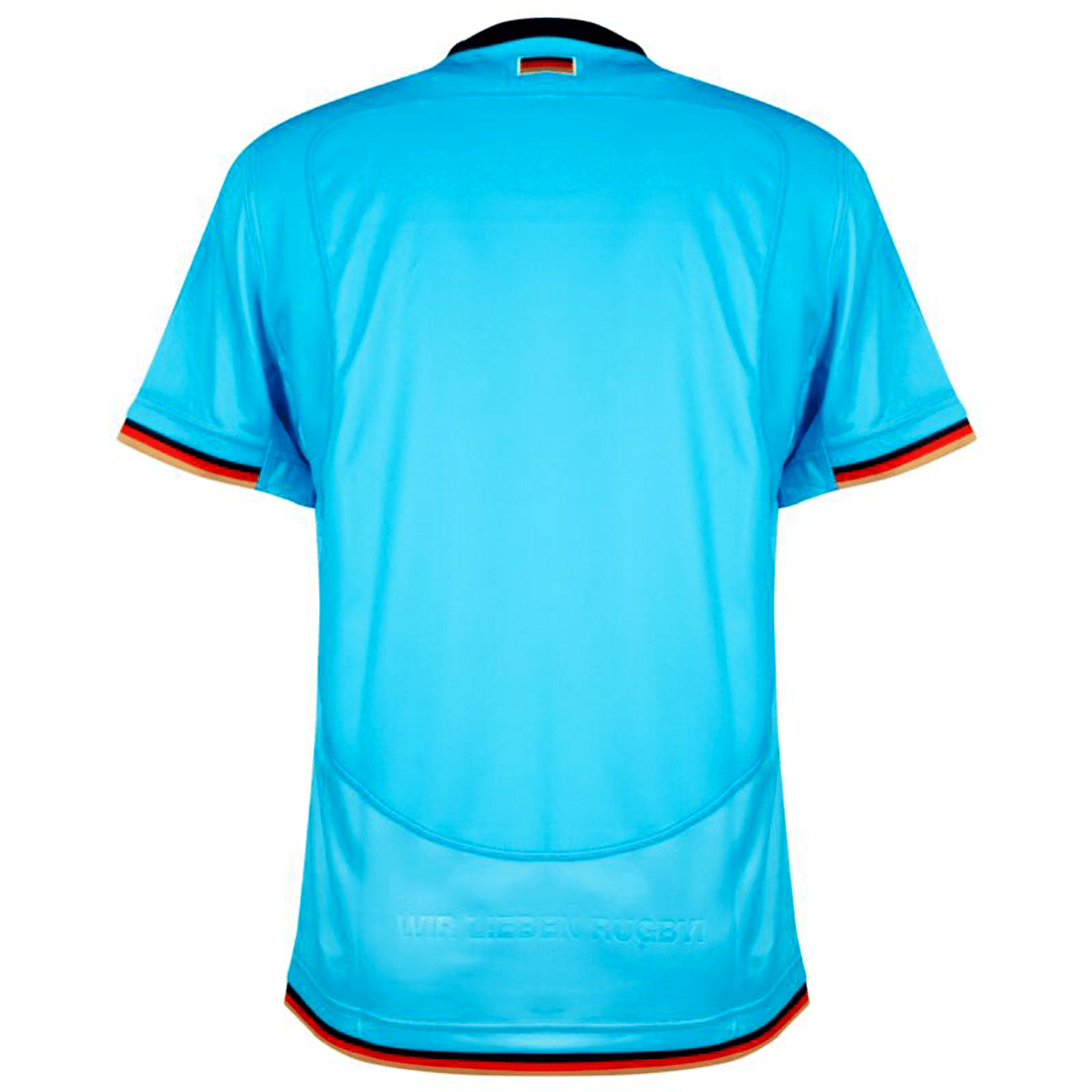 Rear view of a light blue Deutschland Rugby 7s Away Jersey by Macron with black, red, and yellow trim on the sleeves and collar.