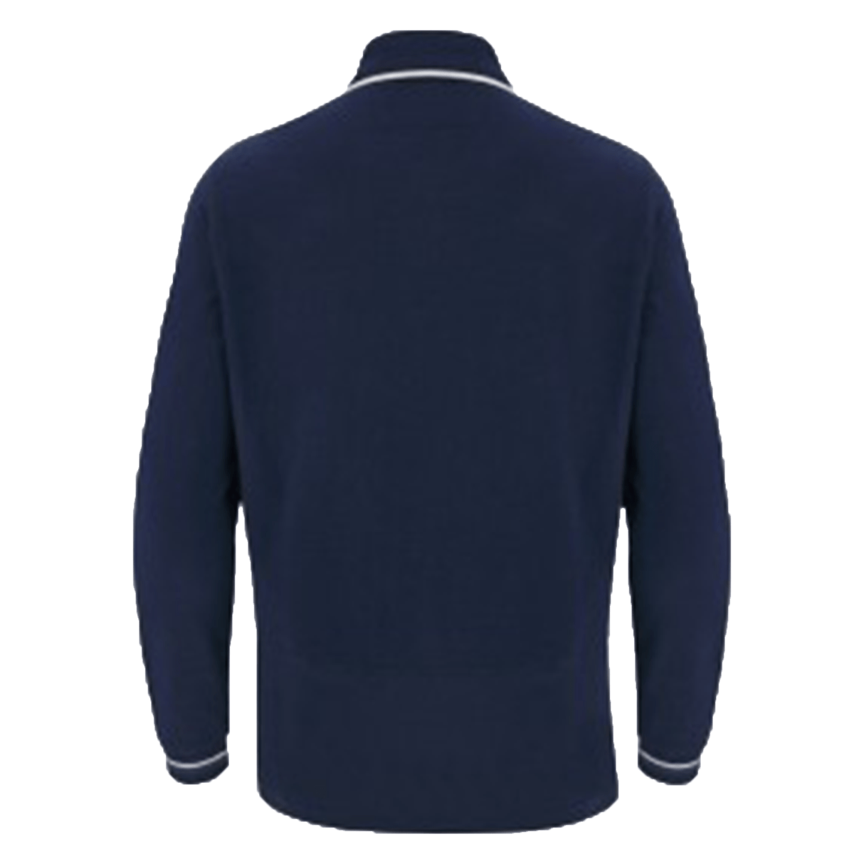 The Scotland 6 Nations Cotton Long Sleeve Home Jersey 23/24 by Macron is a navy blue long-sleeve shirt shown from the back, featuring a collar and white trims on the cuffs, reminiscent of a Scotland Rugby Union Jersey.