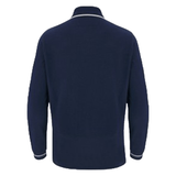 The Scotland 6 Nations Cotton Long Sleeve Home Jersey 23/24 by Macron is a navy blue long-sleeve shirt shown from the back, featuring a collar and white trims on the cuffs, reminiscent of a Scotland Rugby Union Jersey.