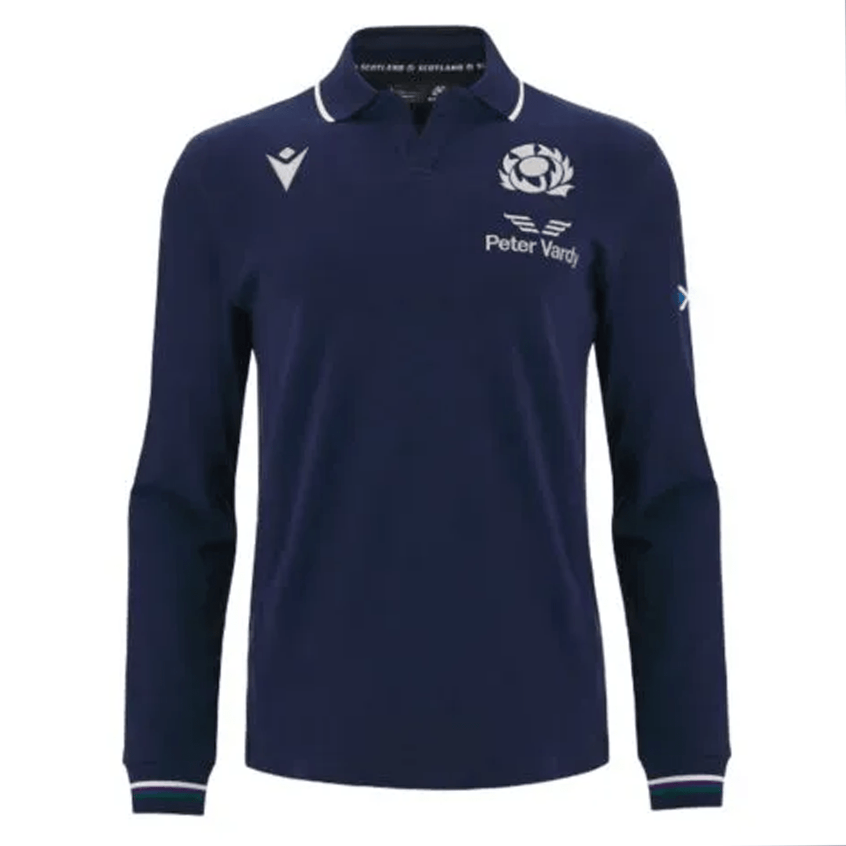 Navy blue long sleeve rugby shirt with a collar, emblazoned with the Scottish Rugby emblem and "Peter Vardy" text on the chest, featuring a white mark on the left shoulder, designed as the Scotland 6 Nations Cotton Long Sleeve Home Jersey 23/24 by Macron.
