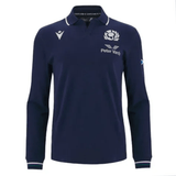 Navy blue long sleeve rugby shirt with a collar, emblazoned with the Scottish Rugby emblem and "Peter Vardy" text on the chest, featuring a white mark on the left shoulder, designed as the Scotland 6 Nations Cotton Long Sleeve Home Jersey 23/24 by Macron.
