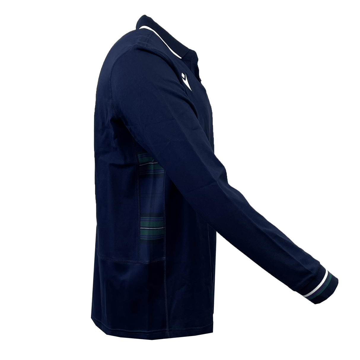 Side view of the Scotland 6 Nations Cotton Long Sleeve Home Jersey 23/24 by Macron in navy, with white detailing on the collar and cuffs, featuring plaid accents under the arms. This design mirrors the stylish and functional aesthetic of a Scotland Rugby Union Jersey.