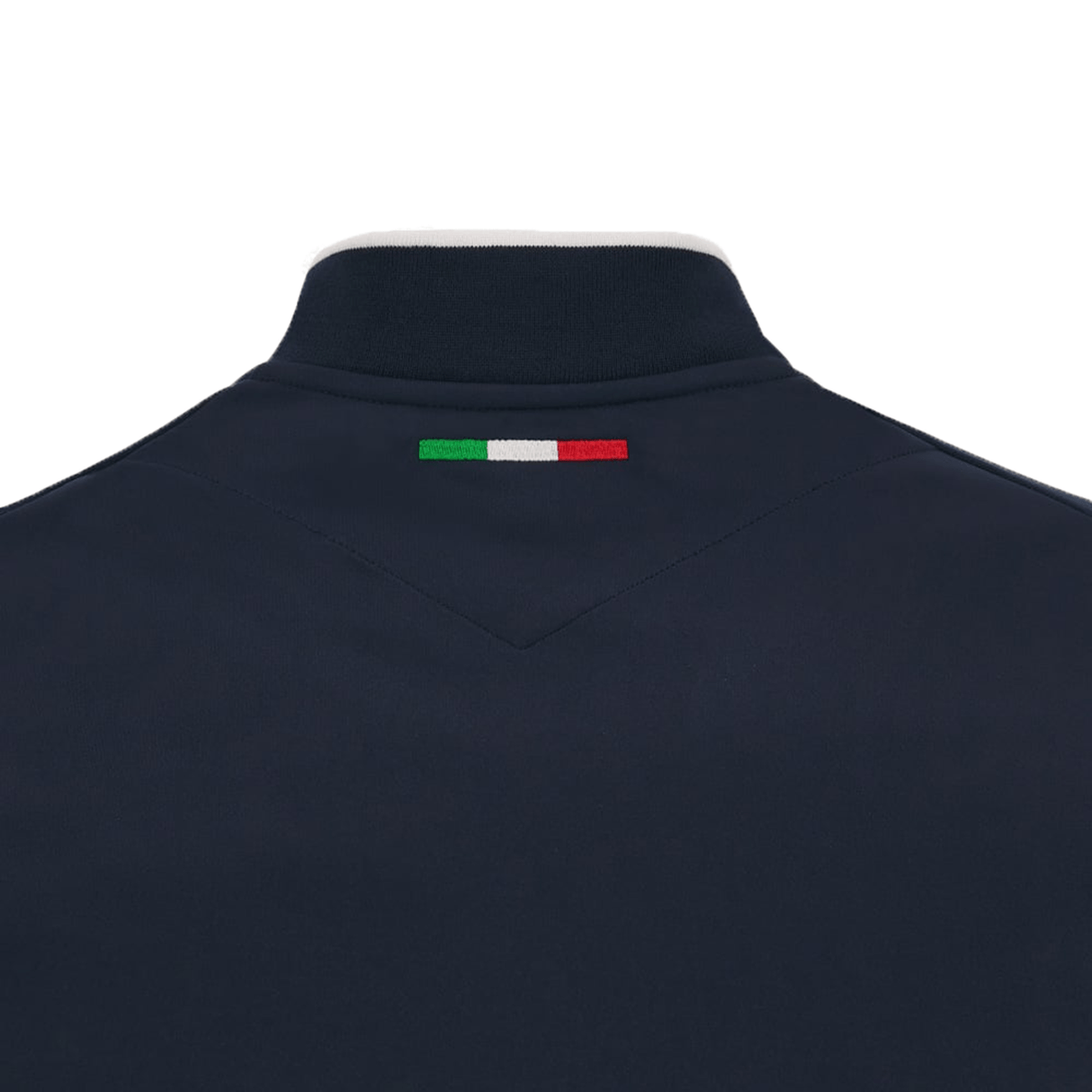 Close-up of the back of a navy blue Italy 6 Nations Full-Zip Anthem Jacket 23/24 by Macron featuring an Italian flag patch (green, white, and red stripes) near the neckline. This Macron jacket showcases national pride with impeccable detail.