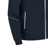 Close-up of the Italy 6 Nations Full-Zip Anthem Jacket 23/24 by Macron in navy blue, featuring white zipper detailing and white piping on the sleeves.