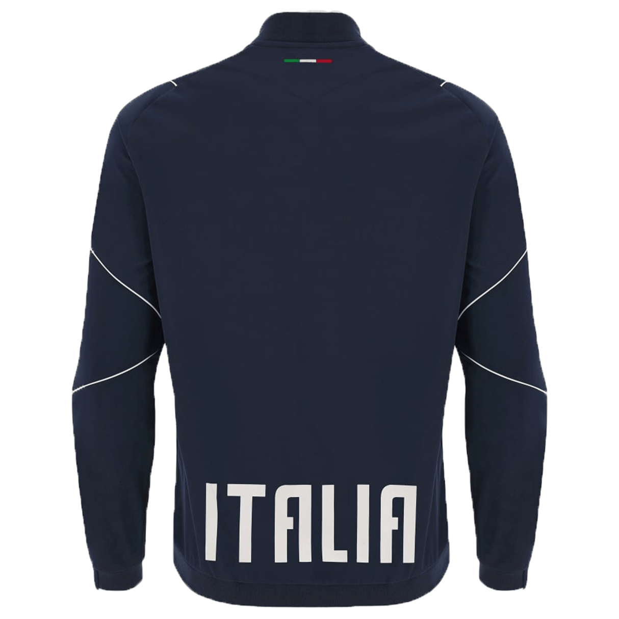 Back view of the Italy 6 Nations Full-Zip Anthem Jacket 23/24 by Macron in navy, featuring "ITALIA" printed in white on the lower back and an Italian flag on the collar, embodying the pride of Macron Italia Rugby.