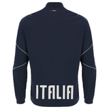 Back view of the Italy 6 Nations Full-Zip Anthem Jacket 23/24 by Macron in navy, featuring "ITALIA" printed in white on the lower back and an Italian flag on the collar, embodying the pride of Macron Italia Rugby.