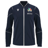 The Italy 6 Nations Full-Zip Anthem Jacket 23/24 by Macron is a navy blue jacket with white piping that features the logo of the Italian team and the sponsor "Vittoria Assicurazioni" on the chest. Proudly designed by Macron, this Italy Rugby Jacket is perfect for true fans.