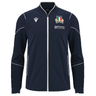 The Italy 6 Nations Full-Zip Anthem Jacket 23/24 by Macron is a navy blue jacket with white piping that features the logo of the Italian team and the sponsor "Vittoria Assicurazioni" on the chest. Proudly designed by Macron, this Italy Rugby Jacket is perfect for true fans.