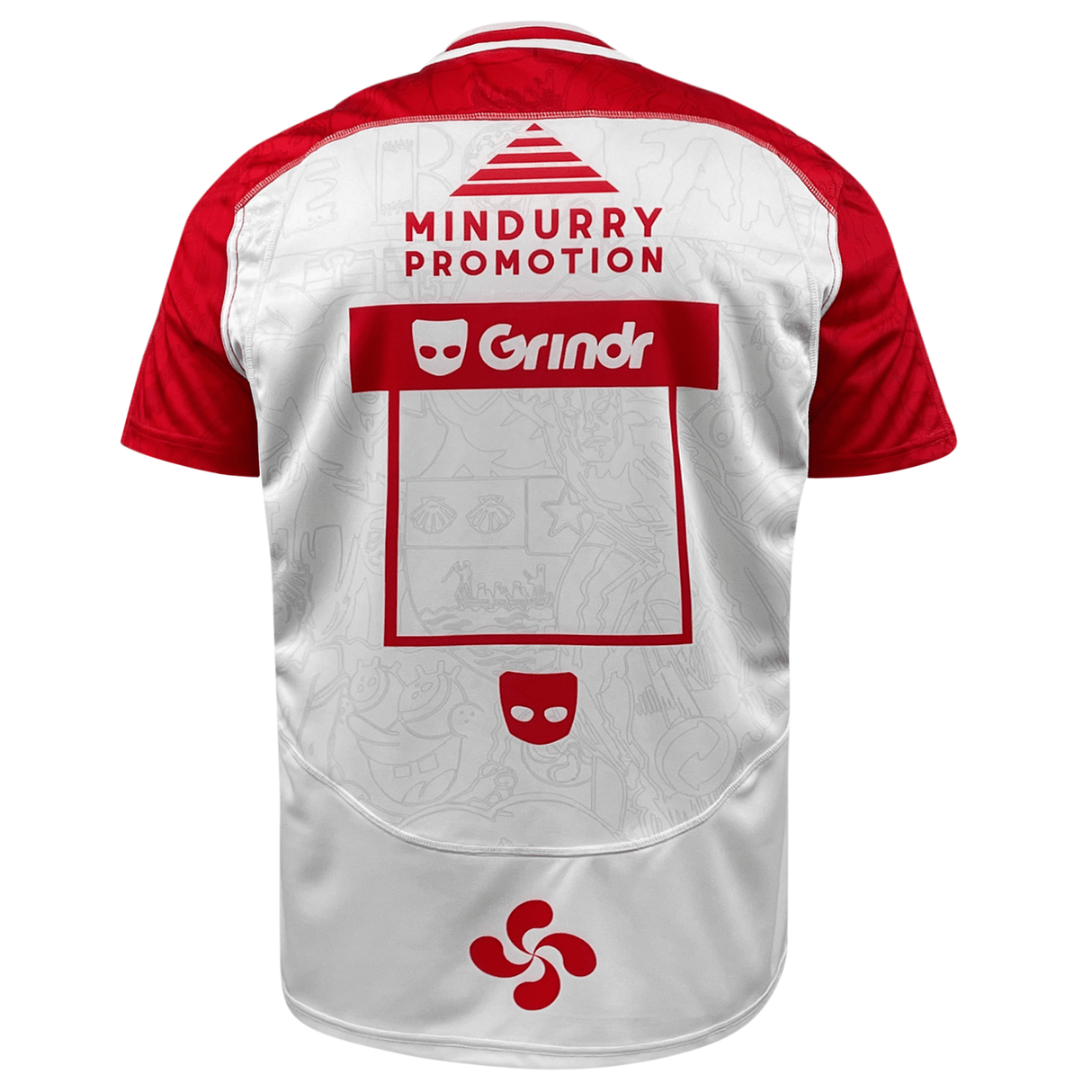 The red and white Macron Biarritz Olympique Pays Basque 23/24 home jersey adorned with the word "Mindury", the team's sponsor, showcasing the logo of Macron, their official athletic apparel.