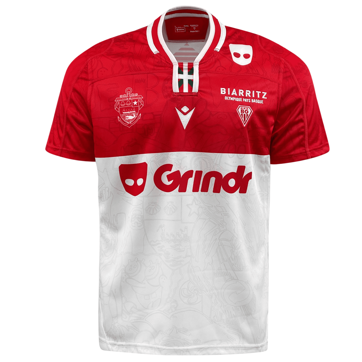 A red and white Macron Biarritz Olympique Pays Basque 23/24 home jersey, designed by Macron.