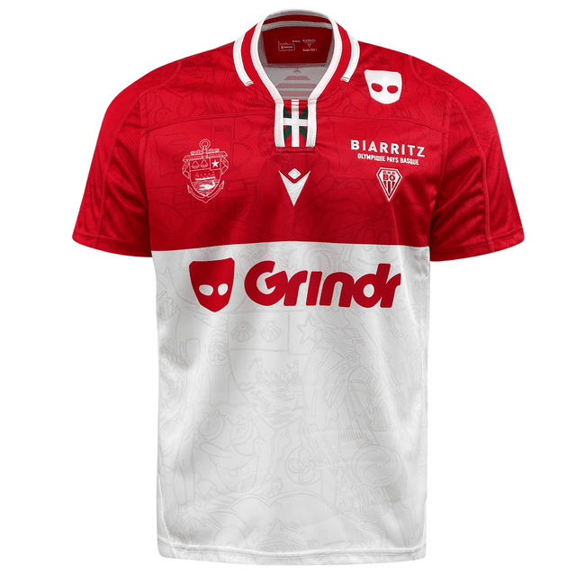 A red and white Macron Biarritz Olympique Pays Basque 23/24 home jersey, designed by Macron.