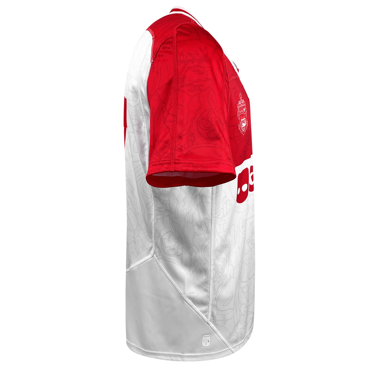 A white and red Macron Biarritz Olympique Pays Basque 23/24 Home Jersey with the number 5 on it, representing Biarritz Olympique Pays Basque.