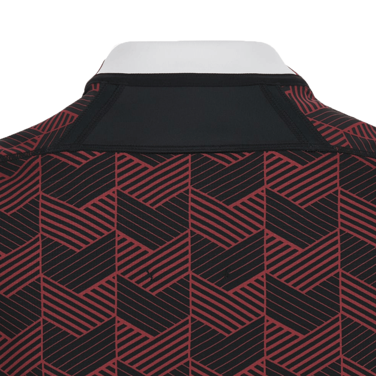 The back of a Macron Wales Rugby Union 23/24 Training Jersey with a chevron pattern.
