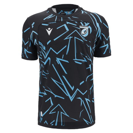 A black and blue Cardiff Blues Training Jersey 23/24 by Macron with arrows on it.