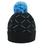 Black knitted Cardiff Blues Pom Pom Beanie 23/24 by Macron with a geometric pattern design, isolated on a white background.