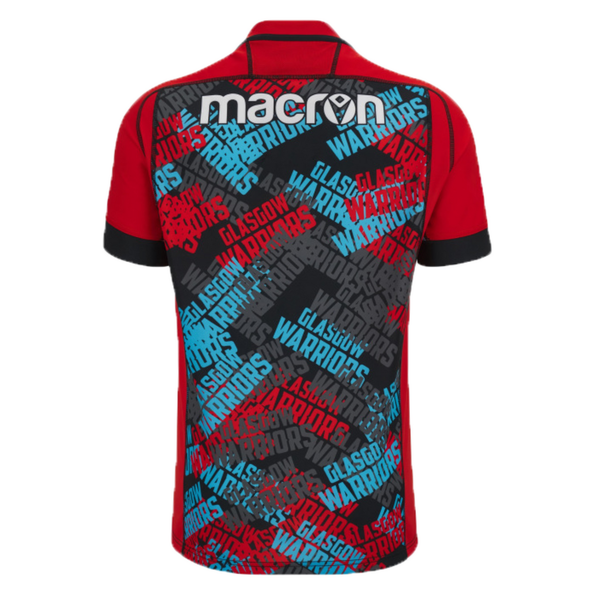 Graphic Glasgow Warriors training jersey with repeated "Glasgow Warriors" text pattern in varying colors on a black background, designed in slim fit, the Macron Glasgow Warriors Training Jersey 23/24.