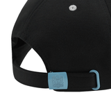 Black polyester Glasgow Warriors Cap 23/24 by Macron with a blue snap closure and a 'Glasgow Warriors' logo tag.