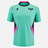 The Ospreys Poly Training T-Shirt 23/24 by Macron features a teal sports jersey design with geometric patterns, black side panels, pink accents, and two distinct black logos on the chest. This lightweight, quick-dry shirt is ideal for intense workouts.