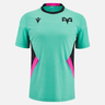 The Ospreys Poly Training T-Shirt 23/24 by Macron features a teal sports jersey design with geometric patterns, black side panels, pink accents, and two distinct black logos on the chest. This lightweight, quick-dry shirt is ideal for intense workouts.