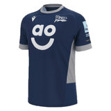 An official Sale Sharks Home Jersey 23/24 by Macron in blue and grey.