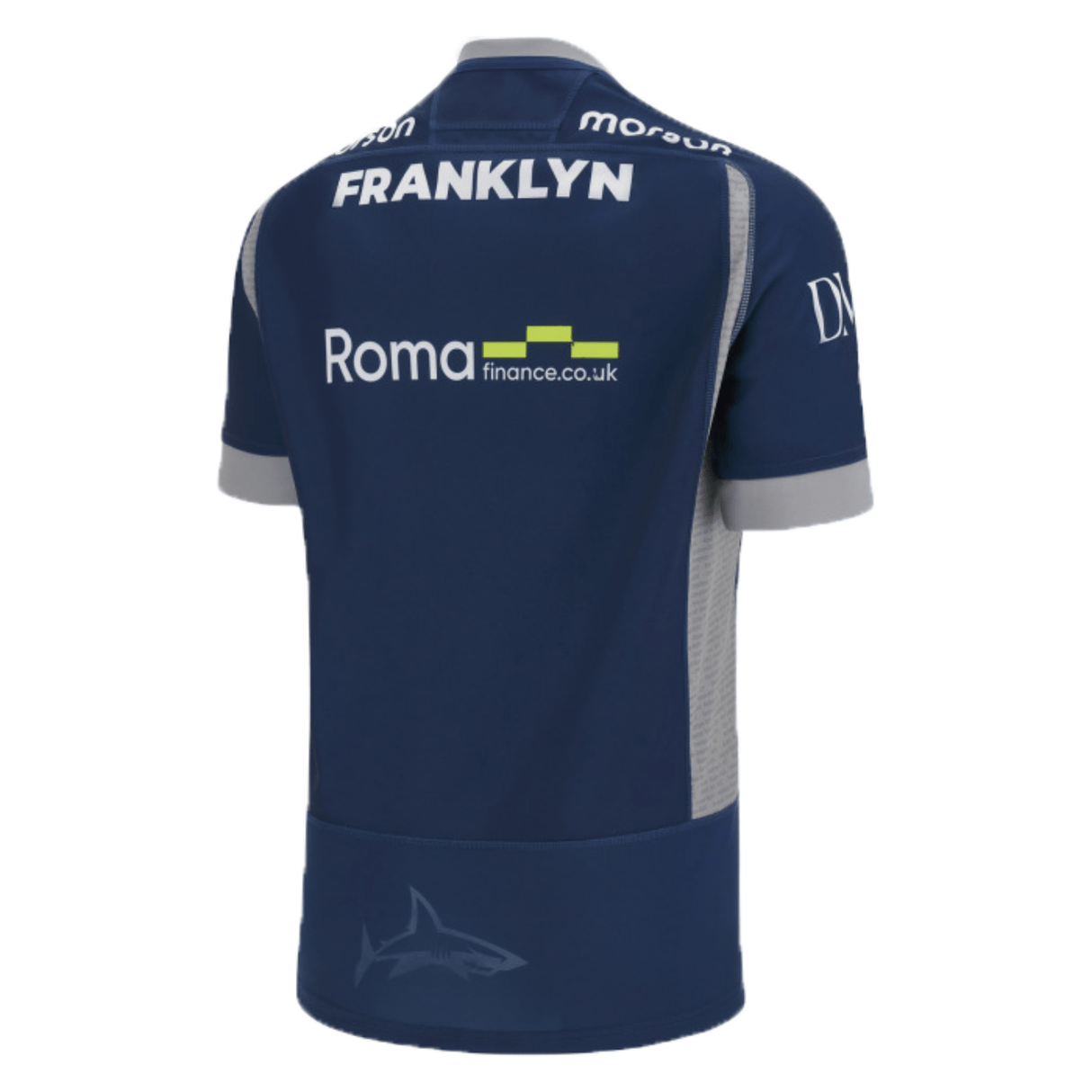 An official Macron Sale Sharks Home Jersey 23/24 with white text.